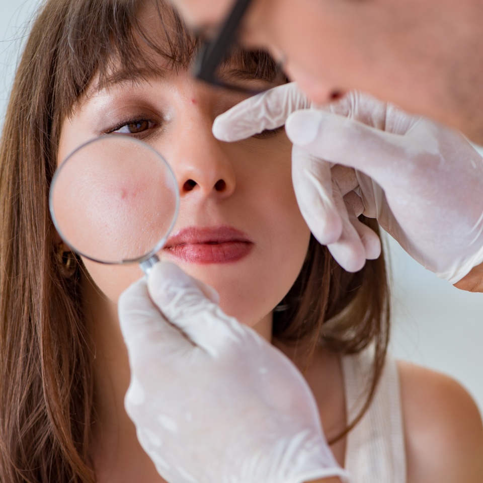 Doctor examining the skin of female patient