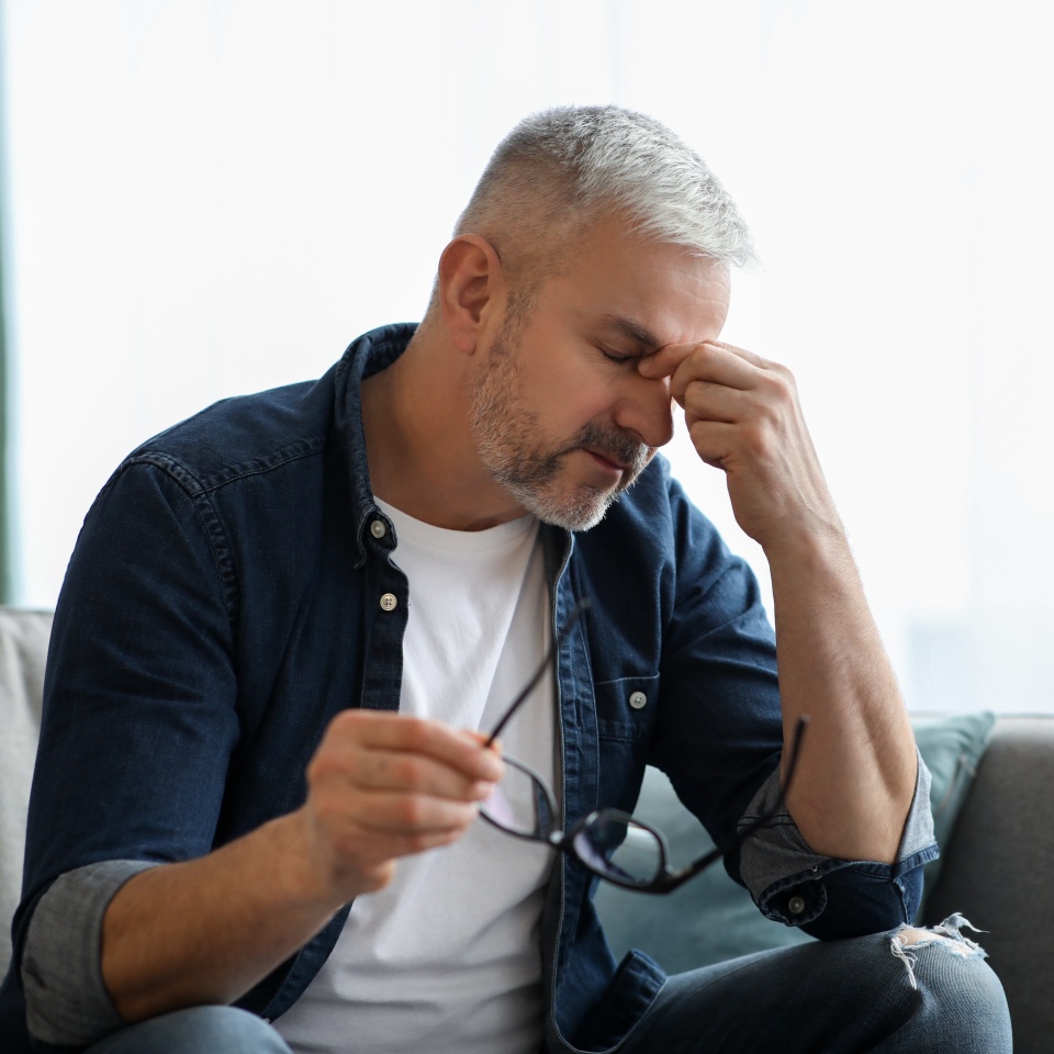 Tired senior man removing glasses, rubbing nose bridge, having tired eyes syndrom after working, reading or using gadgets. Matured man sitting on couch in living room at home, copy space