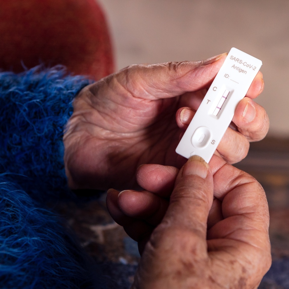 Close-up of caucasian grandma hand holding a positive buffer dropper of coronavirus at home. Grandmother using antigen cassette of pcr express test for new Omicron variant virus.