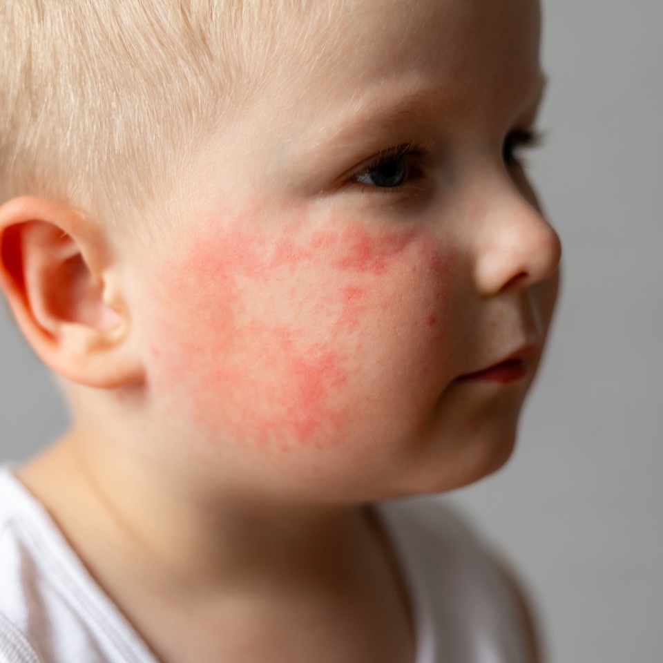 Small child with red rash on cheek