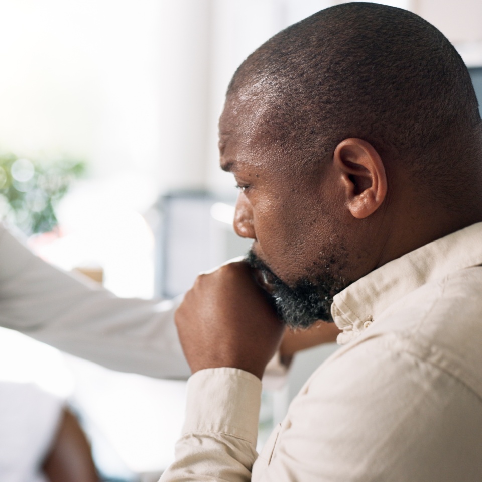 Man, cough or doctor with support for healthcare, consultation or bronchitis diagnosis in clinic. Black people, asthma patient or instruction in practice for lung test, advice or appointment for help