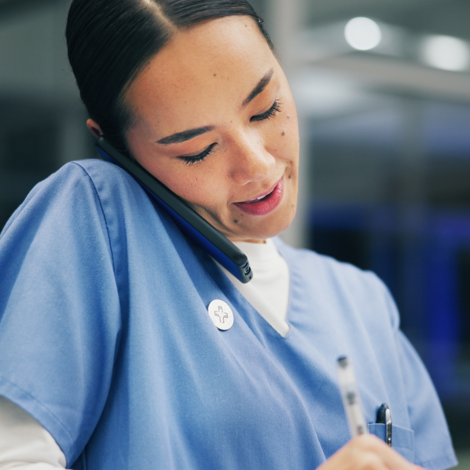 Phone call, writing and nurse or woman in hospital for ward clerk, icu emergency and medical records at night. Healthcare administration, surgery schedule and contact with person for overtime.